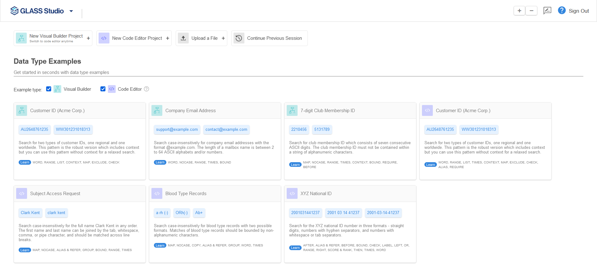GLASS Studio project data type examples